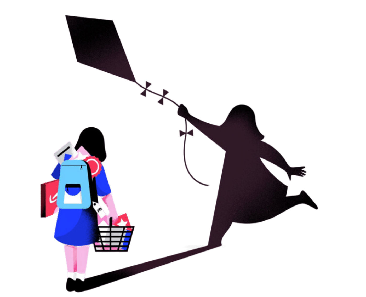 Illustration of a young girl, viewed from behind, carrying a heavy load of school supplies and other items. She is dressed in a school uniform with a blue backpack. The items she carries seem to weigh her down, making her appear burdened. Behind her, there is a shadow of herself depicted in a more carefree, joyful pose, holding a kite.