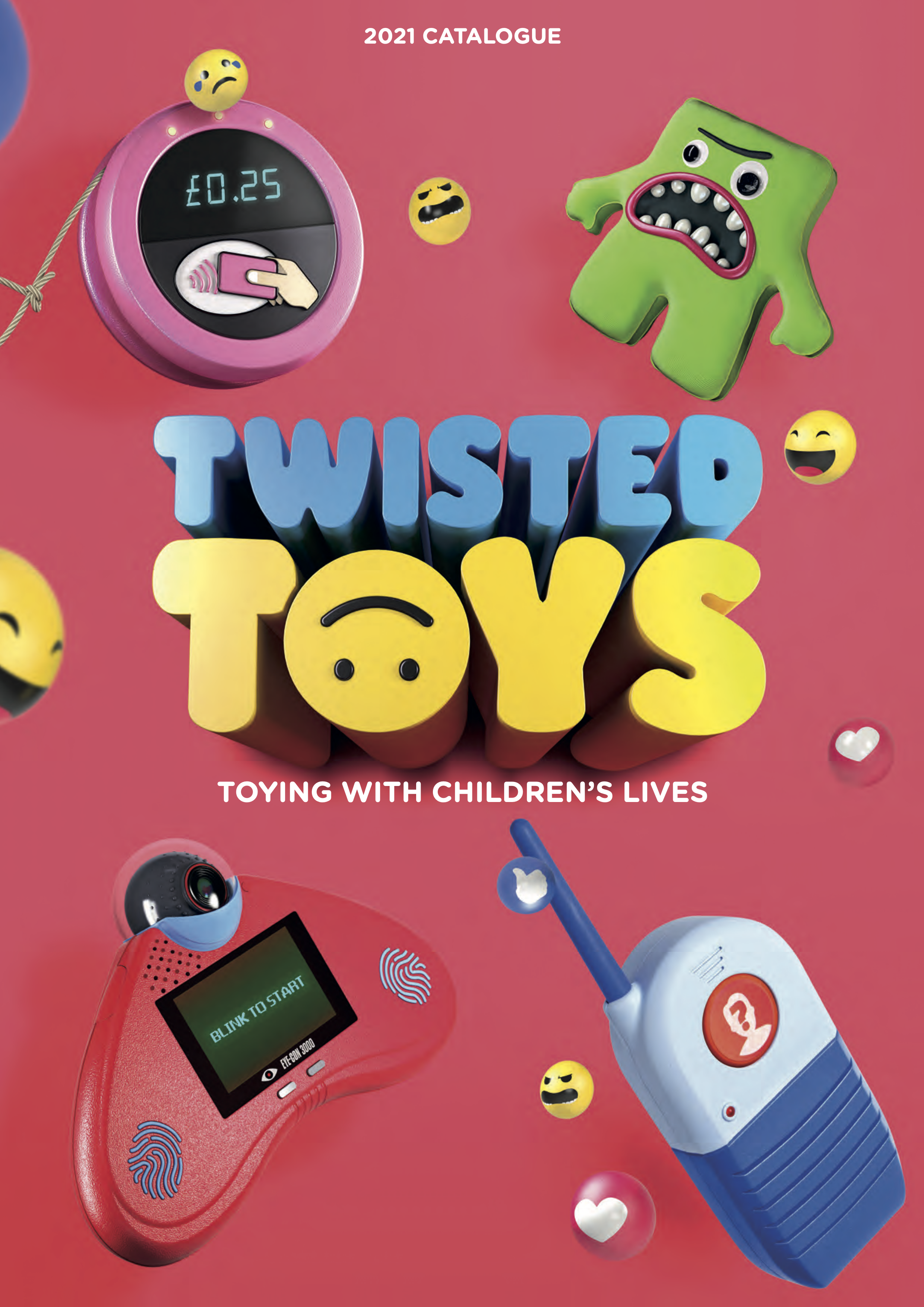 Front cover of the Twisted Toys Catalogue. Features a collage of the Twisted Toys and 3D renders of emojis, with the title Twisted Toys in the centre, in a playful and childish font. The O in the Toys is an upside smiley face.