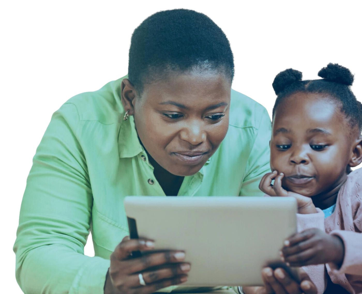 A caregiver and a child look intently at a tablet they are holding together.