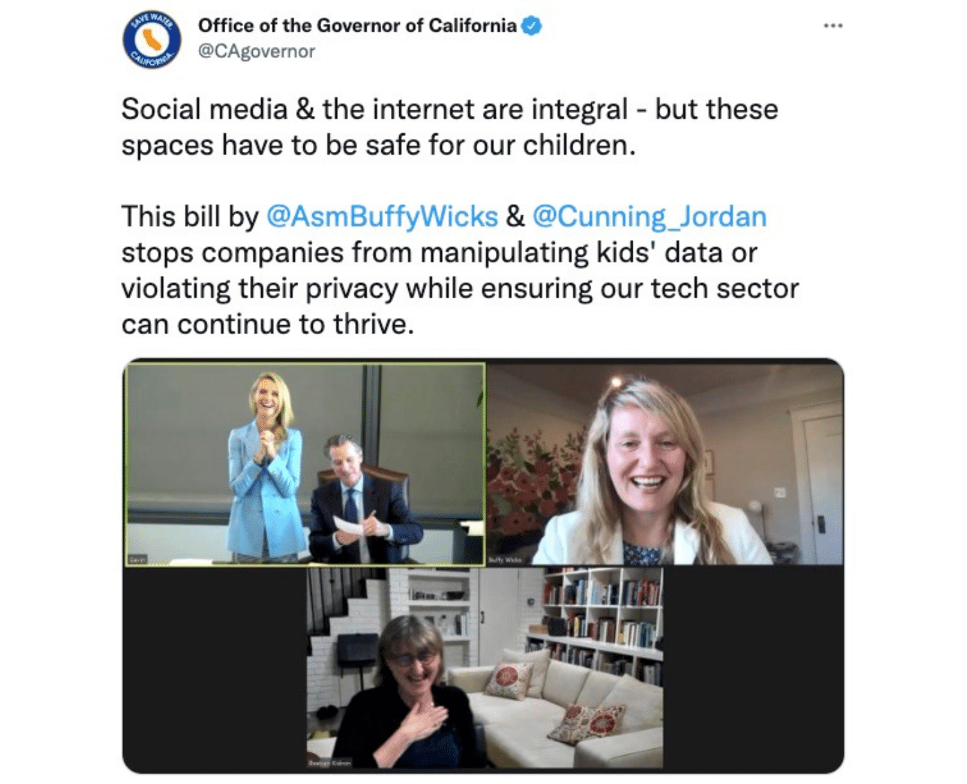 A tweet from the Office of the Governor of California, highlighting the passing of a bill protecting children's online data. The tweet features an image of four people on a video call, celebrating the bill's signing. The text emphasises the need for safe online spaces for children.