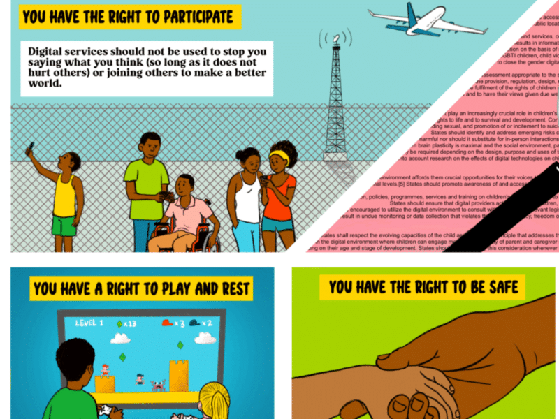 A screenshot from the "Know Your Rights" poster, which illustrates children's rights in the digital environment. The poster is divided into three sections: 1. Top Left: A diverse group of children, including one in a wheelchair, are using digital devices near a fence with a communication tower and an airplane flying overhead. The text reads, "You have the right to participate," emphasising that digital services should not prevent children from expressing their opinions or joining efforts to improve the world. 2. Bottom Left: Two children, a boy and a girl, are playing a video game together on a large screen. The text above them states, "You have a right to play and rest." 3. Bottom Right: A close-up of two hands, one larger and one smaller, holding each other. The accompanying text says, "You have the right to be safe." The poster uses bright colours and simple illustrations to convey these rights in an engaging and accessible manner for children.