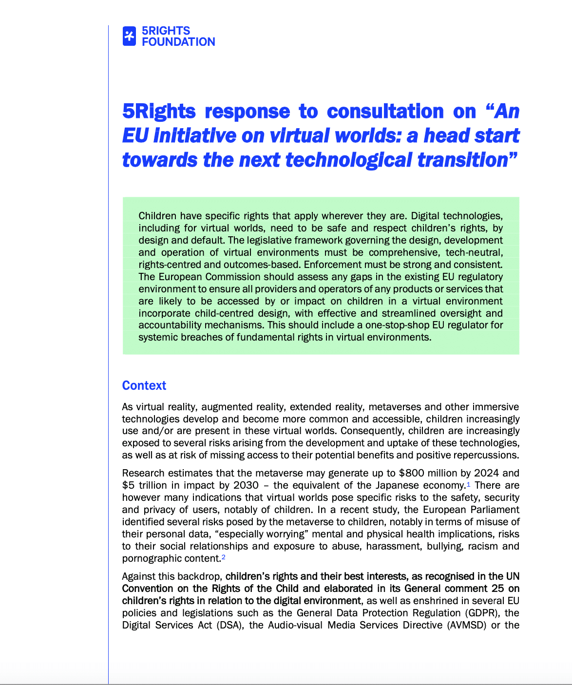 a photo of the first page of the consultation submitted by 5Rights to the European Commission.