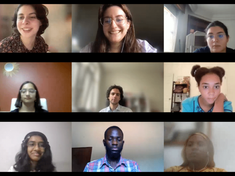 A screen of 9 people on a video call, formatted in a 3 by 3 grid. The women on the top left, top middle, and the man in the middle are 5Rights employee, and all other attendees are youth ambassadors - who are visibly from across the world.