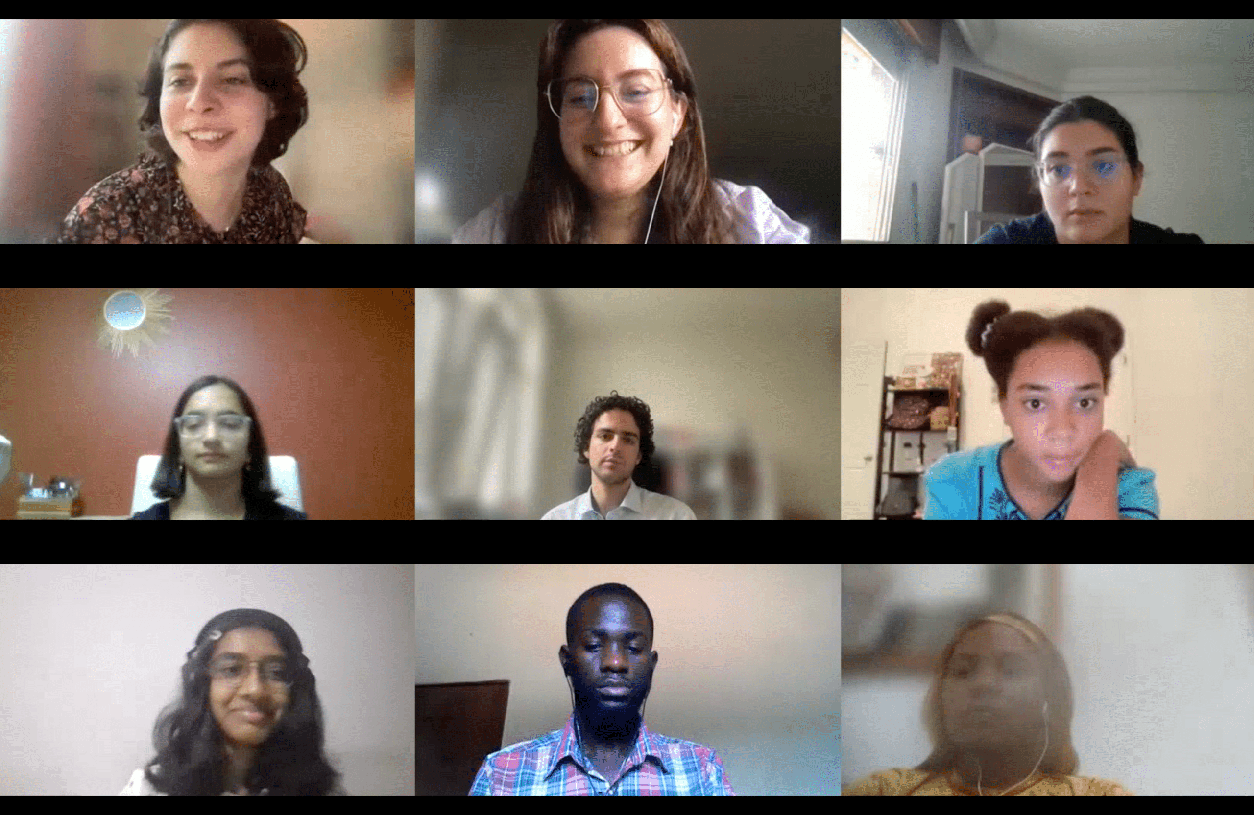 A screen of 9 people on a video call, formatted in a 3 by 3 grid. The women on the top left, top middle, and the man in the middle are 5Rights employee, and all other attendees are youth ambassadors - who are visibly from across the world.