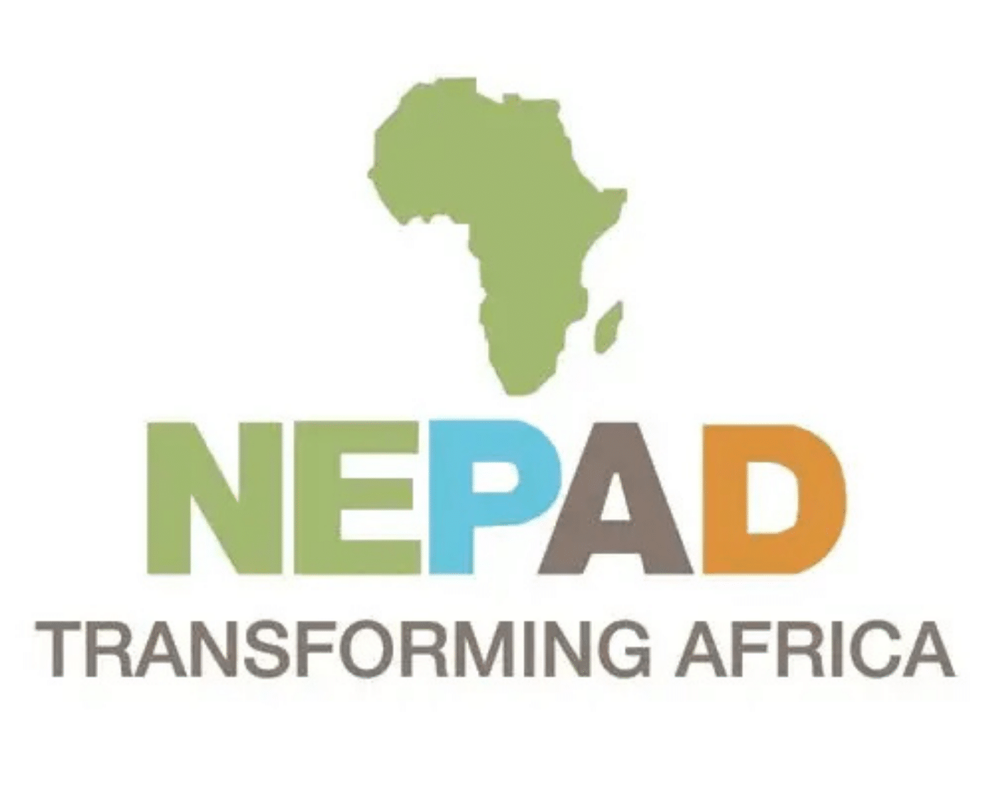 A complete view of the NEPAD logo, featuring the silhouette of Africa in green, and the acronym NEPAD with letters in green, blue, brown, and orange. Below the acronym, the slogan "Transforming Africa" is written in grey.