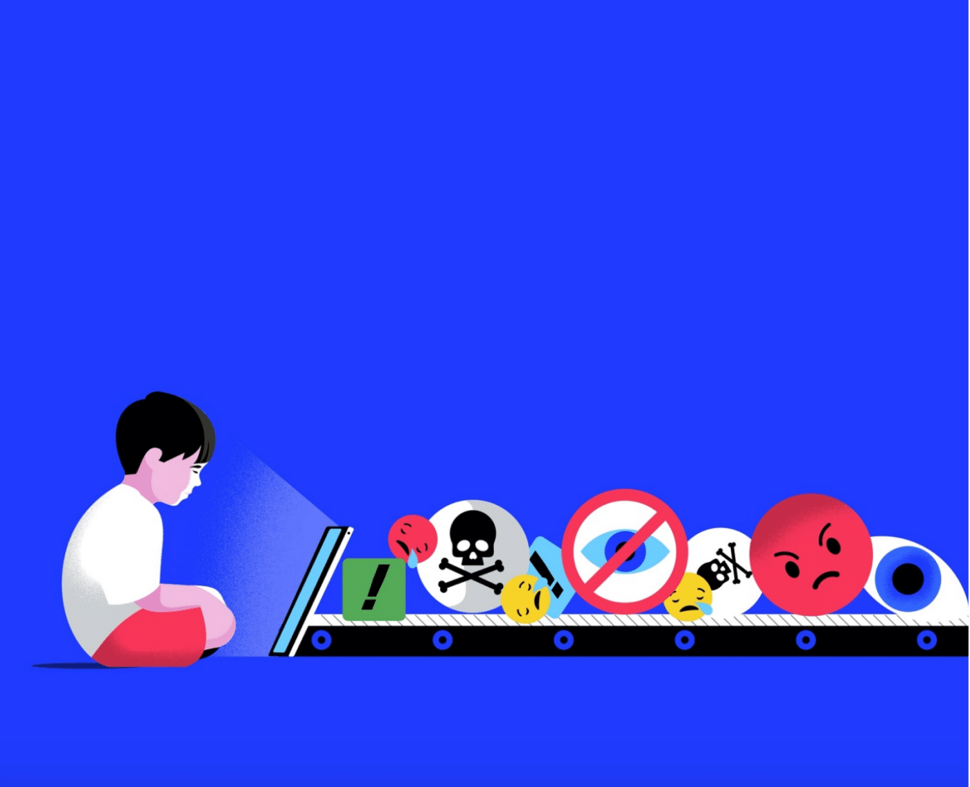 This is a full shot of the image shown at the top of this page. A child, seated cross-legged and wearing a white shirt and red shorts, looks at a tablet screen. A conveyor belt in front of the child displays various harmful symbols like a skull and crossbones, an exclamation mark, a crossed-out eye, sad and angry emoji faces, representing the dangerous and inappropriate content being shown on the screen. The background is a solid blue, highlighting the concerning digital experience of the child.