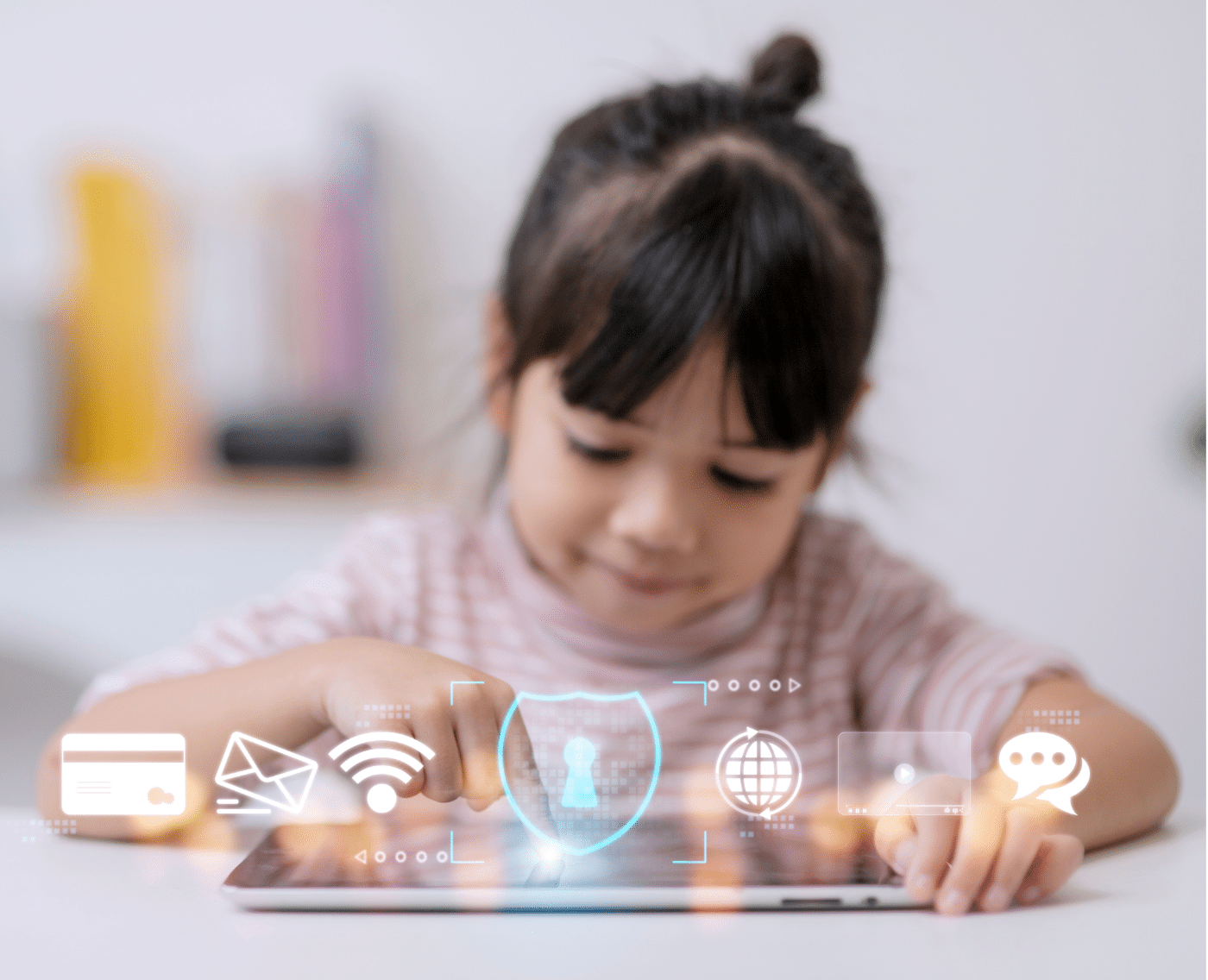 A full view of a young girl using a tablet with holographic icons hovering above the screen. The icons include a credit card, email, Wi-Fi, a shield for security, a globe, video, and a chat symbol, representing various aspects of internet usage and data protection. The background is softly blurred, drawing focus to the girl and the icons, highlighting themes of child interaction with technology and digital safety.