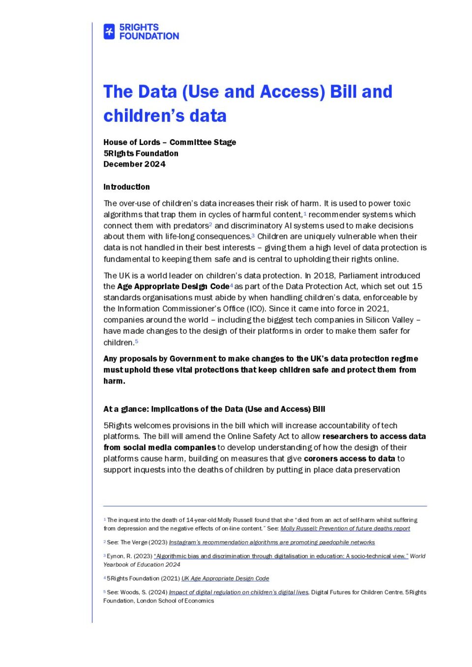 5Rights Foundation - Data (Use and Access) Bill 2024