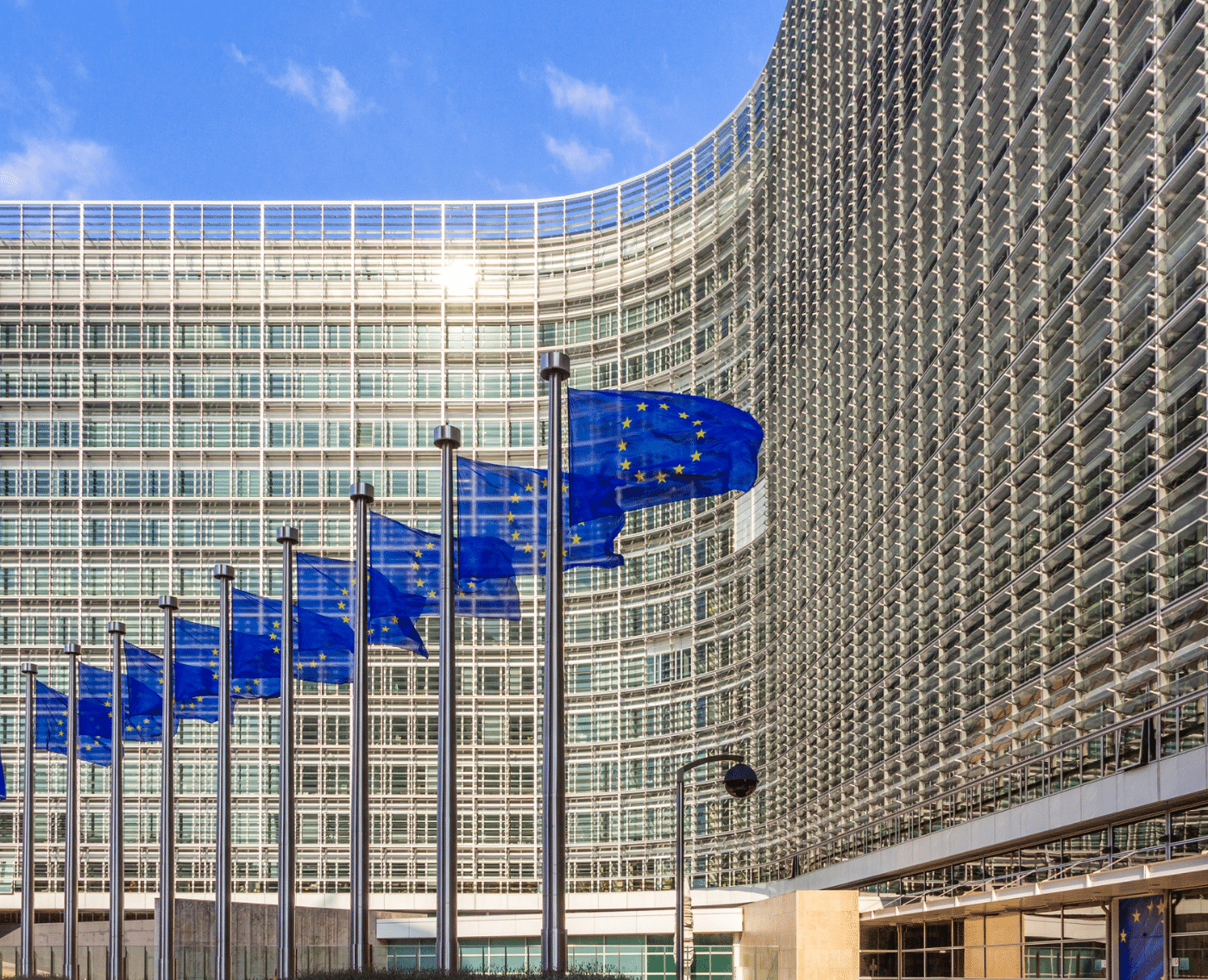 A row of EU Flags in front of the European Union Commission building in Brussels. It is a bright, sunny day. In the top left of the image, you can see clear blue skies. The sun is bouncing off the glass and the metal grid that sits in front of it.