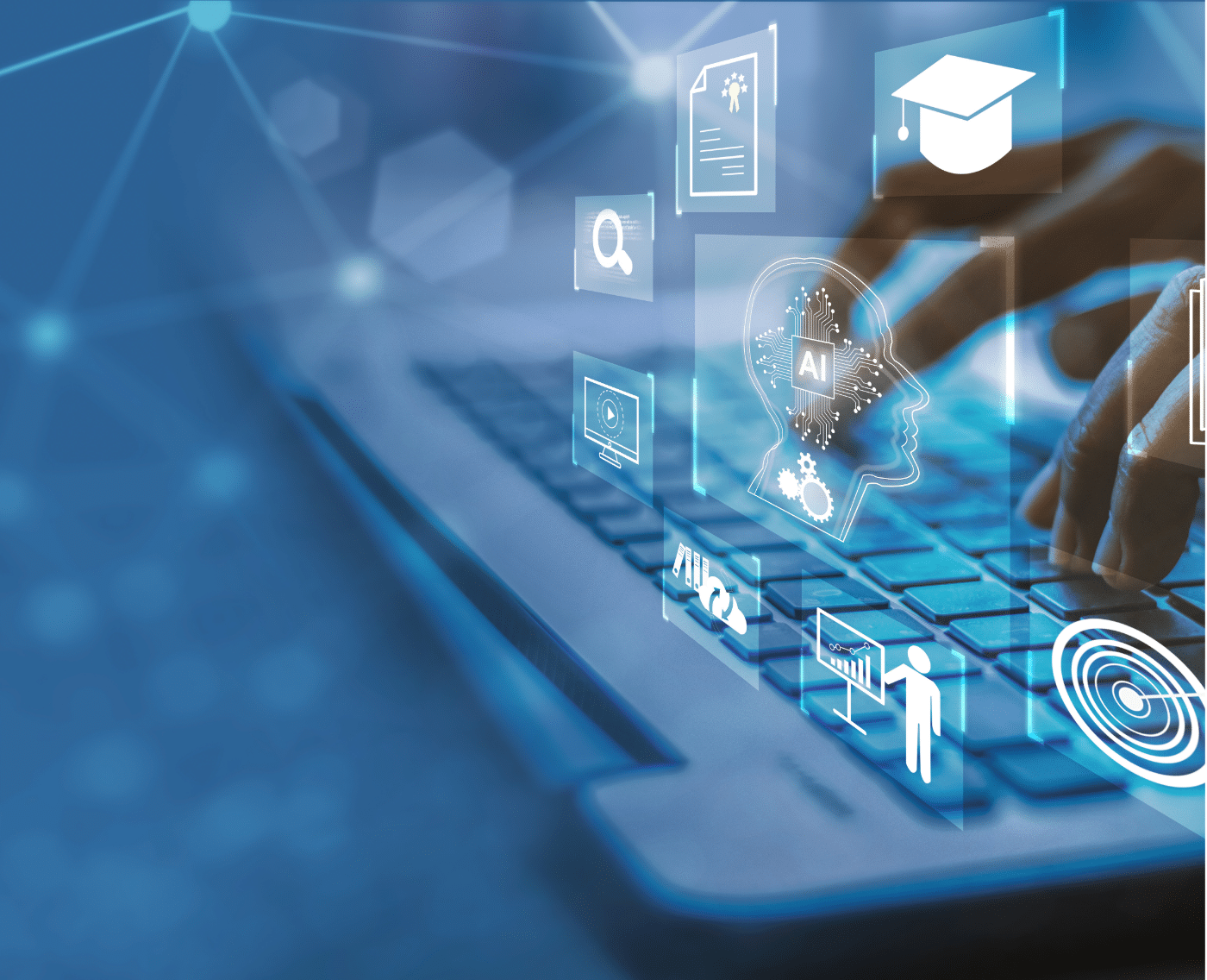 A wider view of a laptop with hands typing, surrounded by floating digital icons representing AI, cloud, education, and data analytics. The icons are part of a digital overlay against a connected network background, emphasizing themes of digital regulation, technology, and online interaction. This image is a broader view, capturing the context of the close-up shown above on the same page.