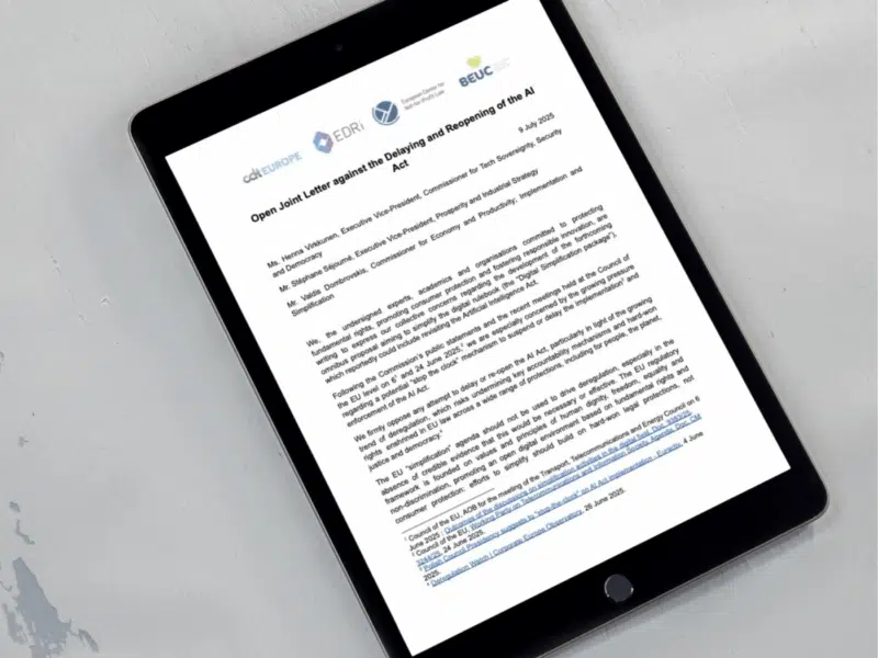 Tablet displaying a joint open letter from leading digital and consumer rights groups and experts opposing delays and deregulatory changes to the EU AI Act, dated 9 July 2025.