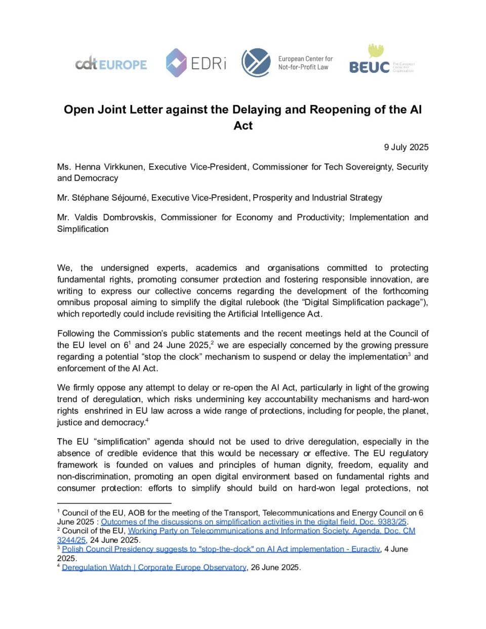 Open Joint Letter against the Delaying and Reopening of the AI Act