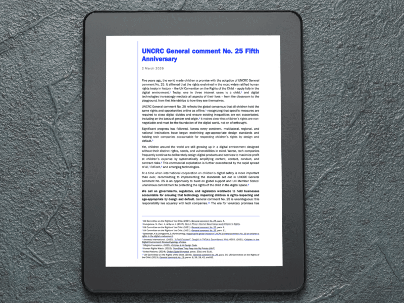 UNCRC General comment No. 25 5th Anniversary Joint Letter