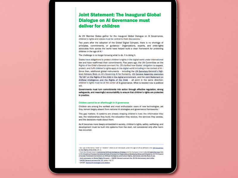 Joint Statement: The inaugural Global Dialogue on AI Governance must deliver for children
